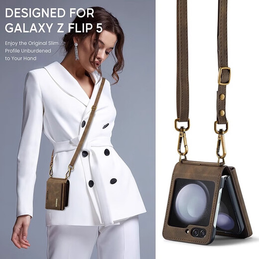 【顺丰包邮】适用三星GalaxyZFlip6手机壳新款带挂绳肩带支架皮套 A/卡其色-卡包+肩带+壳-顺丰包邮 三星Galaxy Z Flip6