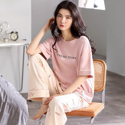 莫代尔睡衣女2025年新款夏季棉短袖长裤家居服薄款大码女士家居服套装 7374 XL 【建议120-140斤】