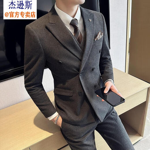 Jason's high-end woolen suit jacket men's autumn and winter business formal double-breasted casual suit suit Korean version slim black (suit + vest + pants) 3XL (150-165Jin Jin equals 0.5kg)