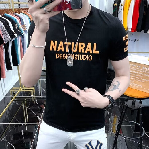 
ZHIDOUDOU National Trend Cotton Summer Short Sleeve T-shirt Men's Printed and Embroidered Korean Style Slim Simple Men's T-shirt Ins Fashion Blue White T1480 S Recommended 95 Jin [Jin equals 0.5 kg]