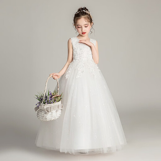 Dev Ake Dress Children's Girl Falda Princess Falda Anfitrión de piano de alta gama Vestido de noche Vestido de noche Boda de verano Big Boy BX683 MANEGO LARGO White 140 (recomendado 51-60 Jin [Jin equivale a 0.5 kg])