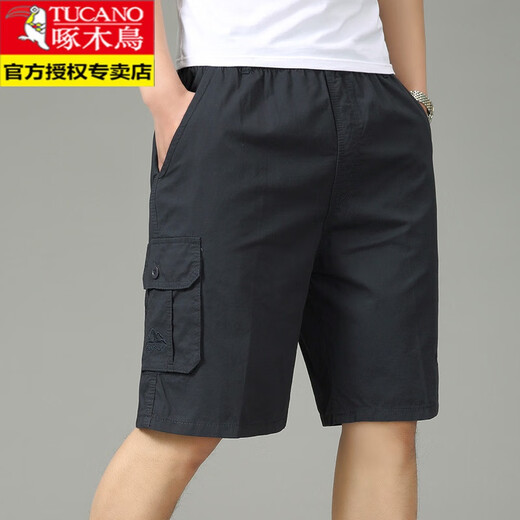 Woodpecker (TUCANO) pure cotton five-point pants men's summer loose casual work shorts men's large pants beach pants thin breeches WD806 black blue 2XL