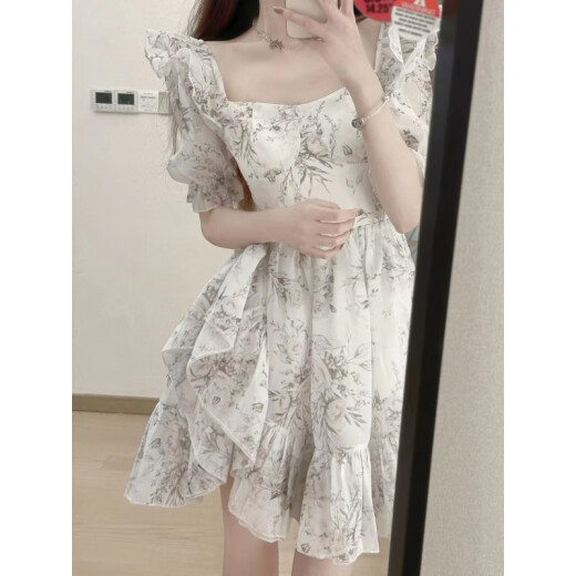 DIEJIAONUO Dress Women's Summer 2023 New Sweet Little Tea Break French Floral Puff Sleeve Puff Skirt Women's Summer Floral Dress [1104]M