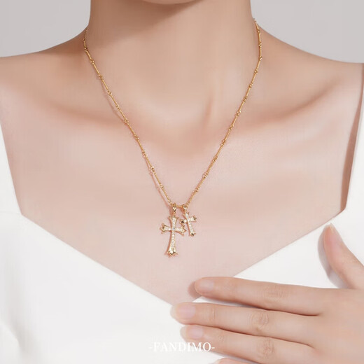 Fantimo Retro Cross Diamond Necklace for Women 18K Gold with Real Diamond Pendant High-end Jewelry Large and Small Pair of Croix Heart Cross SF Express+ Brand Gift Box