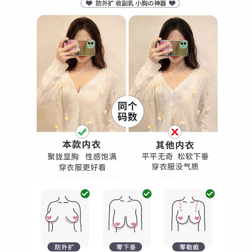 婷美无痕内衣女聚拢小胸显大上托防下垂收副乳无钢圈蕾丝文胸罩 白L