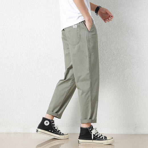 
Jewish casual pants for men in summer new loose ice silk straight sport nine-point pants for men conical Korean style trousers 9904 gray-green M