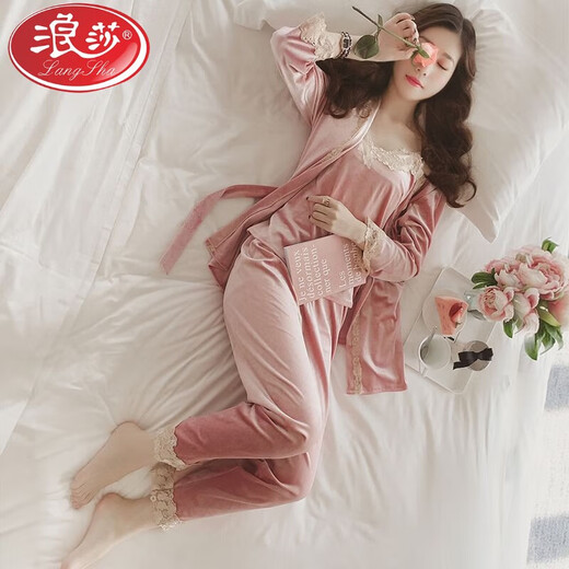 Langsha Pyjamas (Langsha) Frauen Herbst und Winter Gold Velvet Langarmed sexy Hosentender Großgröße kann an der Außenhäuser-Unterwäsche-Unterwäsche Neujahrs-Schlachtkleid 9221 Gold Samt Pyjamas Burgundy M (100jin [Jin gleich 0,5 kg] oder weniger) getragen werden)