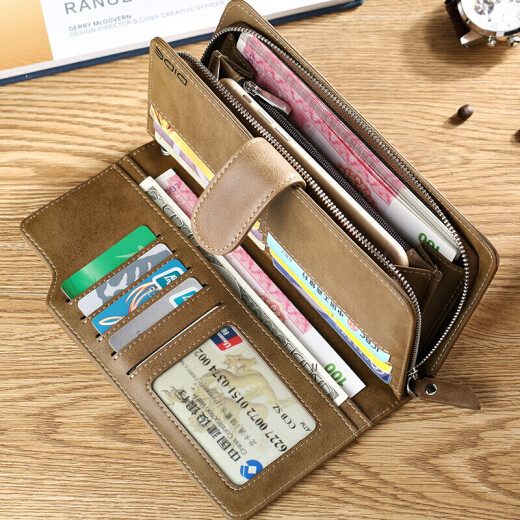 DiDe Men's Wallet Men's First Layer Cowhide Retro Long Multifunctional Zipper Wallet Card Holder DQ617 Khaki