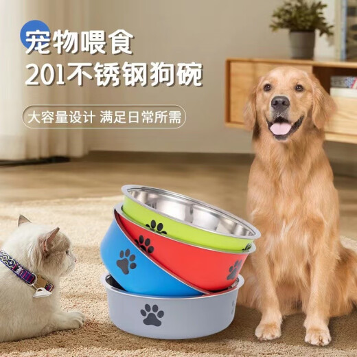 KellyPet stainless steel dog bowl cat bowl non-slip anti-knock pet bowl cat food bowl double bowl medium dog water basin light green footprint S-small 14.3x5.5