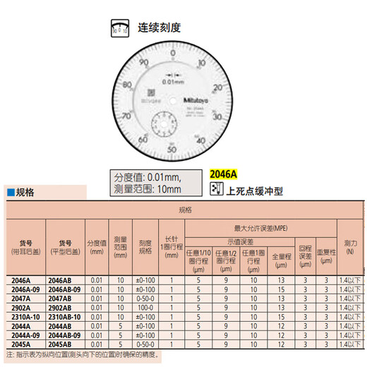 Mitutoyo dial indicator dial indicator pointer indicator imported from Japan 2046AB/0-10mm/0.01mm flat back cover