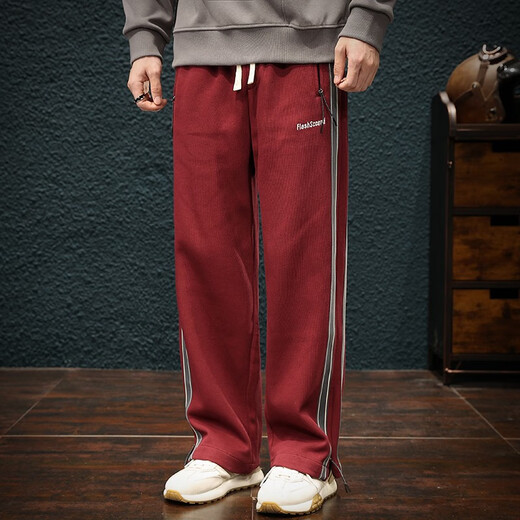 Jingulai striped straight-leg sweatpants for men in spring and autumn, loose zipper pockets, large size fat sweatpants, men's casual pants, red, thickened, velvet, 3XL, weight 180-200Jin Jin is equal to 0.5 kg