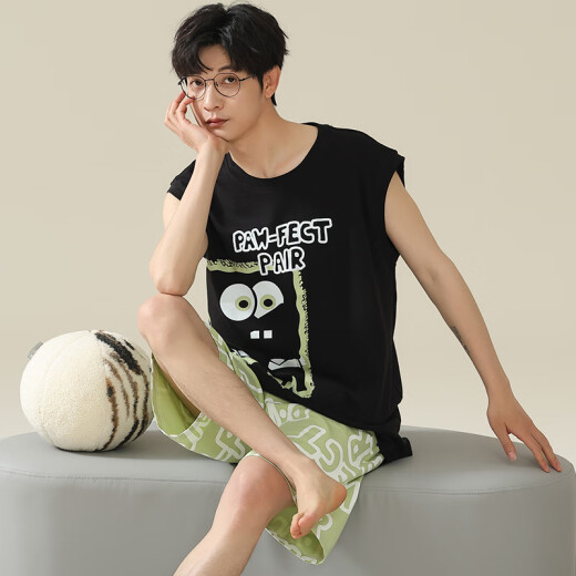 Modal 100% cotton vest pajamas men pure cotton summer sleeveless cool thin home clothes summer can be worn out suit (cotton) AM719 men L