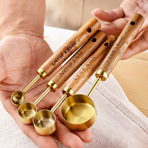 Pudding wooden handle stainless steel coffee measuring spoon 5/15ml baking measuring spoon set milk powder spoon seasoning scale measuring cup household 5ml-measuring spoon-gold