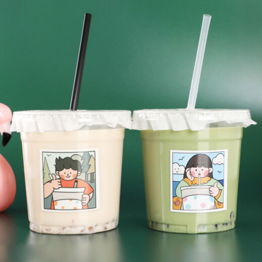 Quanshi Disposable PET Drink Cups with Lid 500ml*20 Sets Plastic Cup Dudu Cups with Straws and Leak-proof Paper Stickers