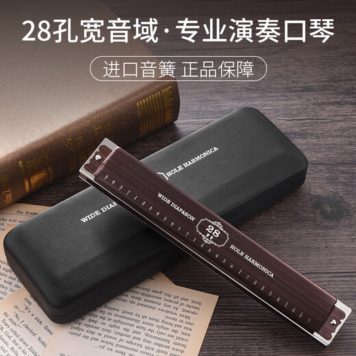 天鹅德国进口音簧高端28孔复音重音口琴初学者成人专业演奏级乐器 28孔 专业演奏复音C调 浅木色 【带音标】+礼包