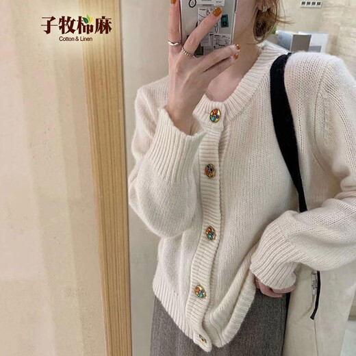 子牧棉麻秋装 女韩版圆领复古宽松休闲上衣洋气针织开衫9930 米白色 均码(建议95-140斤)