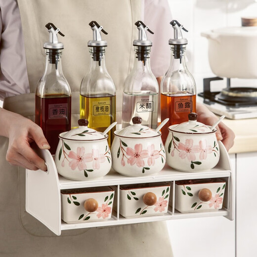 Duomeiran kitchen high-end seasoning jar ceramic salt jar chili jar household seasoning box seasoning bottle jar seasoning combination set Sakura three-piece set + ceramic plate