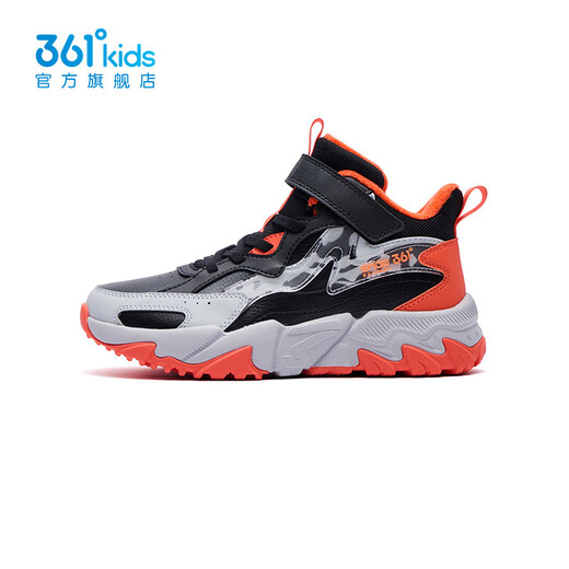 361 Children's shoes for boys and girls, plus velvet and thickened warm cotton shoes, new winter products for middle and older children, casual and fashionable cotton shoes, carbon black/magma orange/water clear gray 35