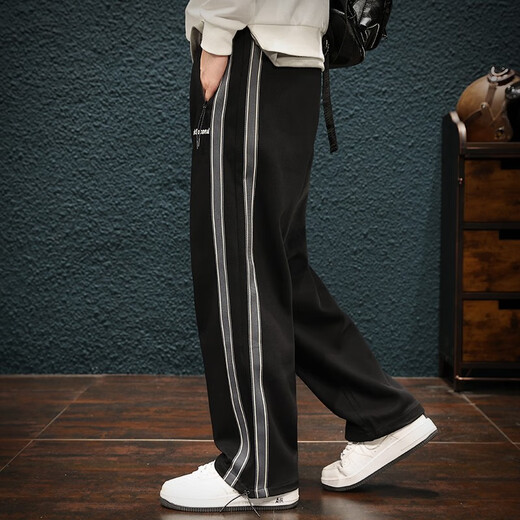 Jingulai striped straight-leg sweatpants for men in spring and autumn, loose zipper pockets, large size fat sweatpants, men's casual pants, red, thickened, velvet, 3XL, weight 180-200Jin Jin is equal to 0.5 kg