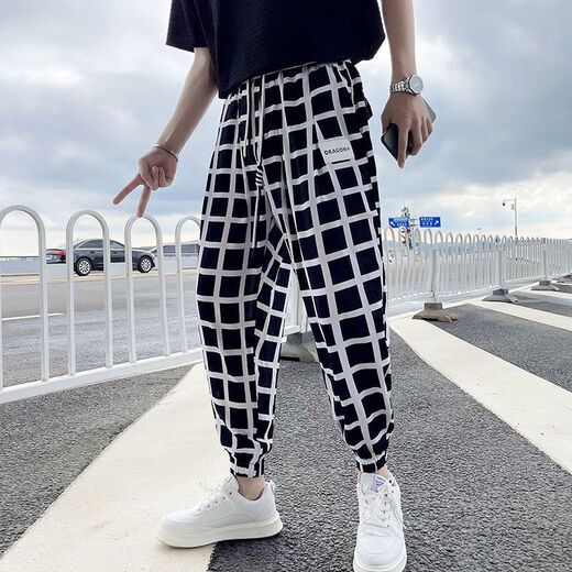GTYUWVG黑白格子裤男士痞帅宽松休闲裤薄款束脚潮牌ins小脚九分哈伦裤子 k137 45 2xl 建议1-160斤