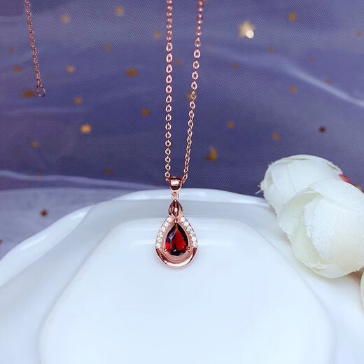 Fat Donglai's same style garnet 18K gold pendant natural ruby ​​single pendant necklace 925 plated garnet pendant rose gold (+ necklace)