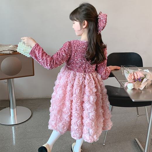 Annie Youer high-end girls princess dress autumn and winter 2024 new little girl birthday dress children's style plus velvet dress pink + hairpin 110
