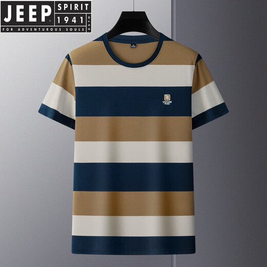 JEEP SPIRIT短袖t恤男夏季新款潮牌纯棉圆领半袖男士时尚休闲条纹T恤潮流男装 6197-牛仔蓝 48