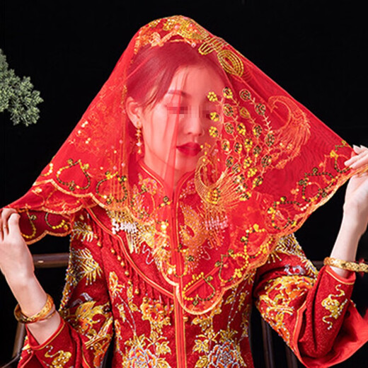 东之天地 新娘红盖头结婚半透明头纱秀禾服苏绣蒙头喜帕中式婚礼红色头巾 76*83cm【凰飞凤舞】红盖头1条