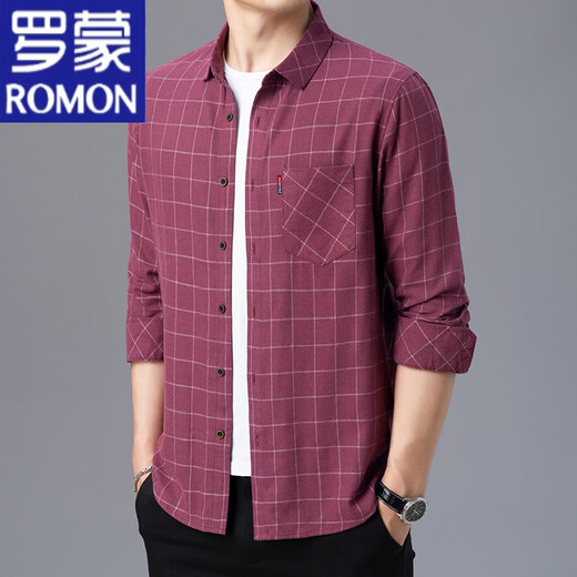 罗蒙（ROMON）纯棉长袖衬衫男春夏季薄款中老年男装格子宽松大码全棉衬衣男 长袖薄款6622绿色 170/L建议115-135斤