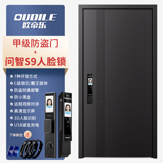 欧帝乐（OUDILE）新款甲级防盗门入户门+暗式精铸铰链+隐藏加高门头+人脸智能门锁 问智S9人脸锁 2050*1050/2150*960