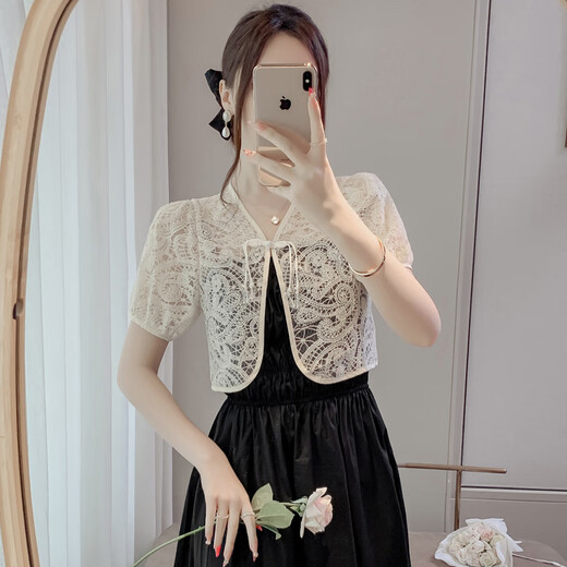 
Mu Xiaduo small shawl lace small shawl for women in summer 2024 new Chinese style plate button hook flower hollow short sleeve sunscreen cardigan 3890 apricot S