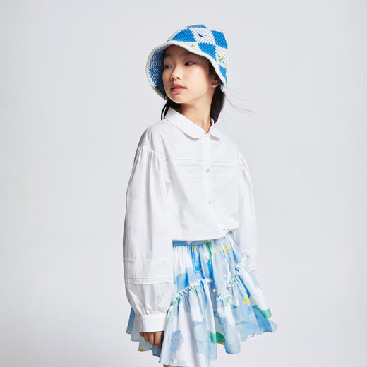 Anair girls' lapel long-sleeved cotton shirt 2025 spring new loose lantern sleeve white shirt off-white 120cm