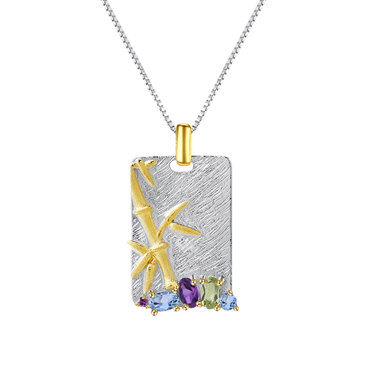 GEM STONE KINGGSK925 Silver Necklace Women's Bamboo Forest Gemstone Pendant Frosted Gold Clavicle Chain Sweater Chain Gift Colored Treasure Necklace for Friends