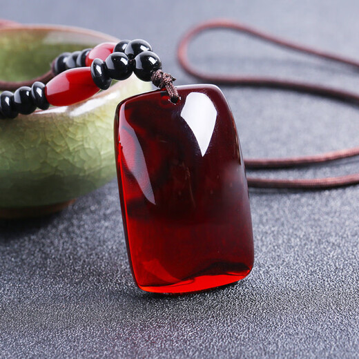 Buhesyt natural blood pool water drop pendant beeswax peace sign pendant for men and women ethnic style amber necklace sweater chain accessories blood amber square sign pendant + lanyard