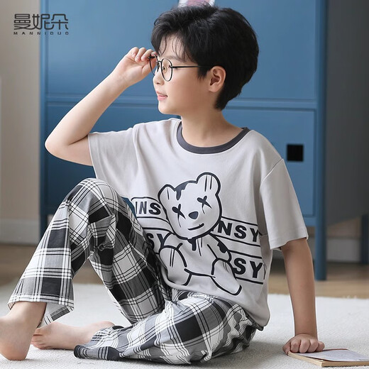 MANNIDO MEN MEN'S BIG KINDER KINDER FRINGE UND AUTUMN PURE COTTOME Kurzärärmelhosen Pyjamas Set Dünn Cartoon Teenager Hauskleidung kann außerhalb N9901 getragen werden