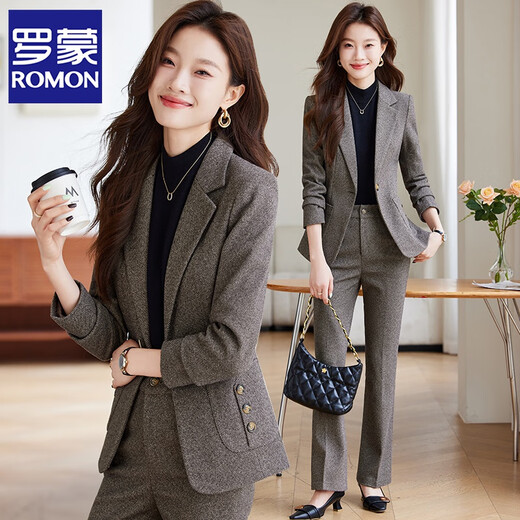 ROMON woolen suit jacket for women 2025 new autumn and winter thickened high-end professional temperament hotel work clothes suit suit dark gray suit + trousers XL