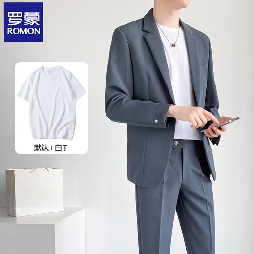ROMON casual suit suit for men in spring and autumn, loose formal wear, high-end Korean style wedding dress, drapey trendy suit jacket, gray blue, three-piece suit, pants + T-shirt XL