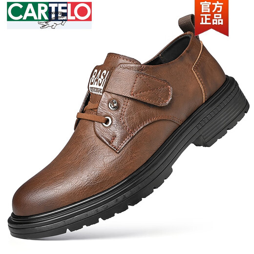 卡帝乐鳄鱼（CARTELO）2025春秋真皮大头休闲皮鞋男款软底英伦风马丁工装鞋子男加绒棉鞋 9908黑灰色 38