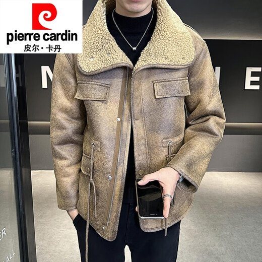 Pierre Cardin (Pierre Cardin) fur one-piece lamb wool jacket for men, velvet, thickened and warm, winter 2025 new fashionable knitted brown M (90-115Jin Jin equals 0.5kg)