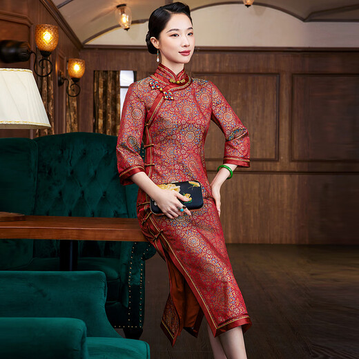 Xiyue 2025 Autumn Chinese Style Traditional Song Jinmulberry Silk Handmade Flower Button Cheongsam Dress High-end Banquet Dress New Year Red XL (Weight 115~125)