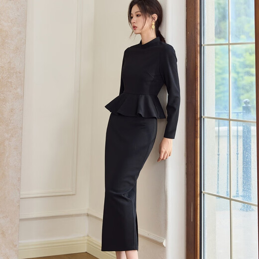 ROEYSHOUSE LOOKY Temperament Black Knitted Suit Women's Autumn New Fashion Top Skirt Two-piece Set 10975 Black S