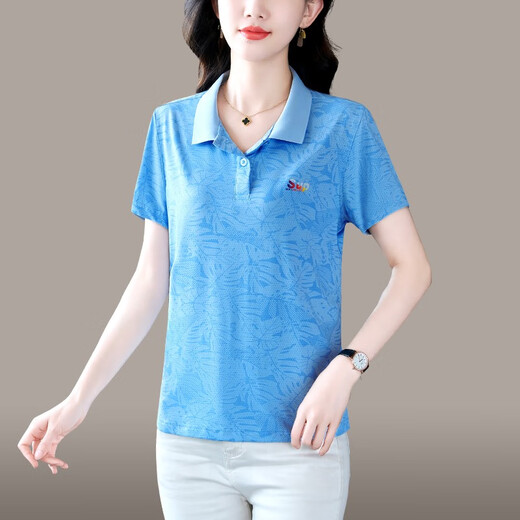 Shengyu ice silk lapel short-sleeved T-shirt for women in summer 2024 new trendy mother POLO shirt leads sports and casual top for women, leather powder XL (recommended 110-119Jin [Jin equals 0.5 kg])