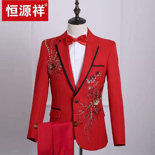 Hengyuanxiang new performance clothing men's adult suit singer host costume stage chorus emcee performance dress black top + pants with tie 180/92A XL weight 160Jin Jin equals about 0.5 kg