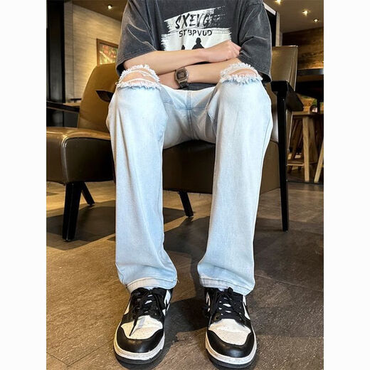 潮韩都破洞牛仔裤男生春秋夏季美式设计感修身直筒裤子潮牌显瘦休闲裤 浅蓝色G838 L