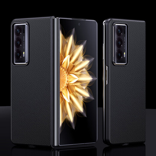 澳浪适用 荣耀Magic V2手机壳 HONOR MagicV2保护套素皮壳防摔商务皮套防指纹简约翻盖折叠下盖 典雅黑