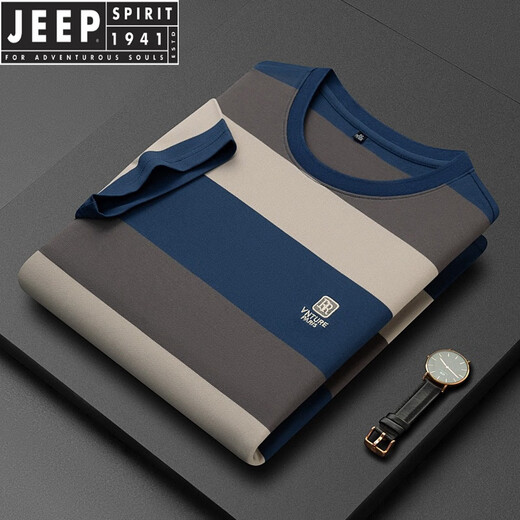 JEEP SPIRIT短袖t恤男夏季新款潮牌纯棉圆领半袖男士时尚休闲条纹T恤潮流男装 6197-牛仔蓝 48