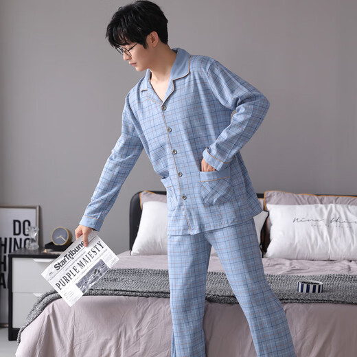 Sweet Orange Pure Cotton Herren-Pyjamas für Männer im Frühling und Herbst große karierte Langarmhose Zweiköpfige Heimkleidung für den Herbst und Winter kann außerhalb MJF3888 getragen werden