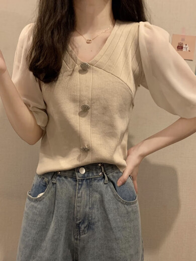 Direction simple 2025 Été Nouveau glace en soie en mousseline de mousseline en V épisse en V Sweater à manches courtes Lady Lame de base mince de base courte MCL 3523 Black One Size (70-125jin [Jin est égal à 0,5 kg] peut être usé) peut être porté)