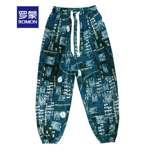 罗蒙（ROMON）亚麻夏季男士印花灯笼裤宽松束脚九分哈伦休闲裤大码中国风花裤子 K987藏青色 M 【建议100-120斤】