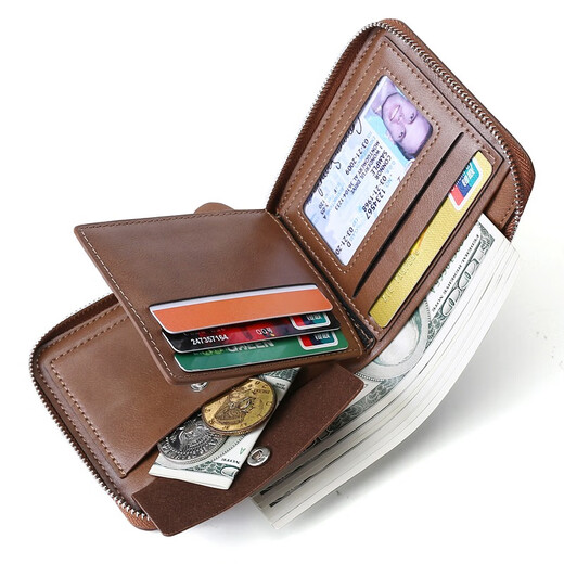 Maiweini Herren Brieftasche Kurzes Reißverschluss Brieftasche Anti-Diebstahl-Bürsten integrierter Kartenbeutel vertikaler Multifunktions-Casual Wallet-ID-Beutel Hellbraun braun